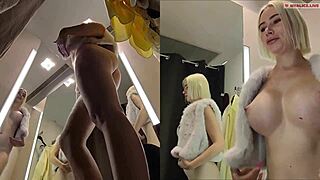 Fitting room hidden cam reveals upskirt pussy big tits tease