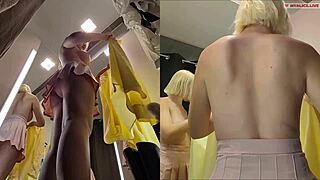 Fitting room hidden cam reveals upskirt pussy big tits tease