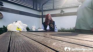 Redhead tattooed glasses girl kneels deepthroating horny cock pov