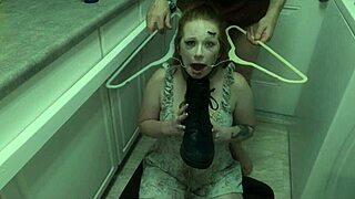 Degraded Redhead Slave Licks Cum Eagerly from Shiny Boot Sole