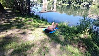 stranger massages milf's hairy pussy flashing on crowded beach