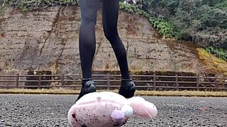 Japanese crossdresser crushes soft toys in fetish play