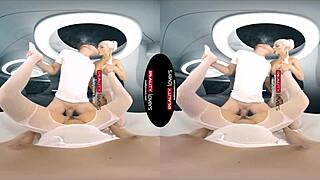 A threesome unfolds in outer space with deepthroat and muff diving