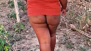 Big ass ebony wife flashes pussy and booty outdoors