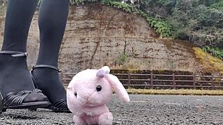 Japanese crossdresser crushes soft toys in fetish play