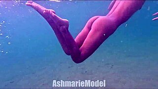 Skinny natural Latina babe flashes pussy naked pool swim slow motion