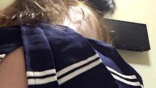 Russian brunette rides dildo reverse cowgirl sucks fingers cum mouth