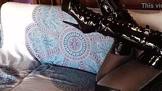 Petite brunette milf rocks total black latex fishnets pantyhose knee boots