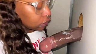 ebony bbw chokes on stranger's bbc at gloryhole sucking hard