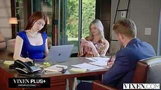 Hey check out bratty blonde amber moore riding her boss thick cock wildly