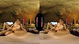 Brunette blows black cock in prehistoric cave reality