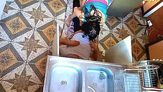 I'm handcuffed in the kitchen, moaning as this rough plumber fucks my unfaithful wife pussy passionately