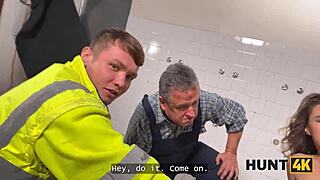 Slutty worker fucks boss publicly while boyfriend watches!