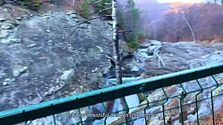 Beautiful Brunette Flashes Tits Teasing Outdoors in Mountains