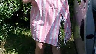 wanna watch this housewife rip clothes and strip naked by the car after beach?