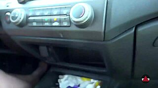 Brunette drives barefoot outdoors public car fetish fun