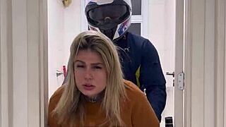 hey motoboy bursts into women's bathroom and pounds her wet pussy hard