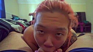 sexy asian beauty chokes on huge cock for sloppy cum swallow