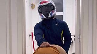 hey motoboy bursts into women's bathroom and pounds her wet pussy hard