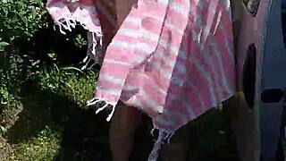 wanna watch this housewife rip clothes and strip naked by the car after beach?