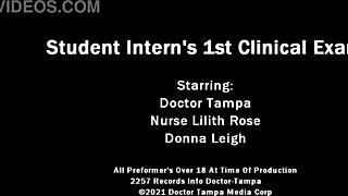 dr tampa gives student donna leigh her first piercing exam backstage