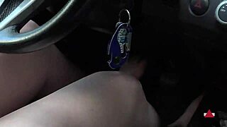 Brunette drives barefoot outdoors public car fetish fun