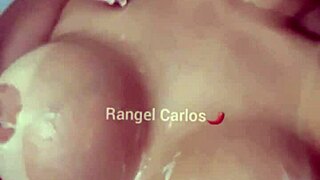 licking every drop he shot on my big tits