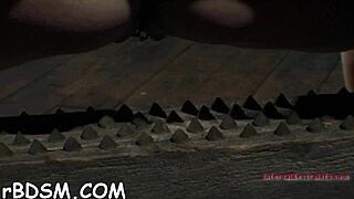 Blindfolded gagged angel's twat stuffed deep with huge toy