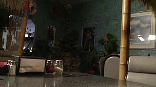 Busty Blonde Fills Shaved Pussy with Cock in Restaurant Booth