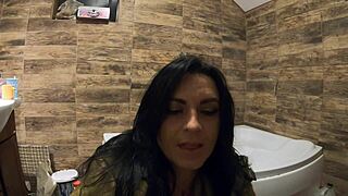 milfycalla pees in bathtub wearing fur coat and pantyhose for orgasm