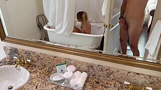 guy spies on girl showering then blowjob cumshot