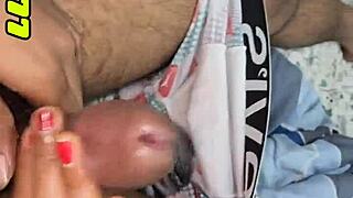 Suggestive girlfriend handjob escalates to tight pussy pounding