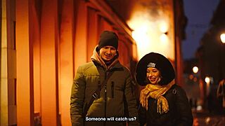 laura quest flashes tanned ass and sucks cock in snowy outdoor tease