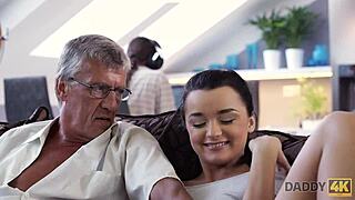 daddy4k old dude nails hot brunette on sofa