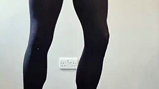 watch this big tranny cock explode cum in pantyhose stockings