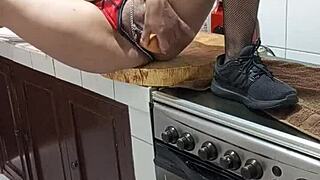 sexy MILF masturbates big ass in kitchen