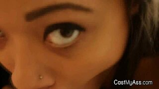 Perky ebony teen blows in thong casting pov