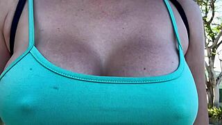 Italian milf flaunts big tits and hard nipples strolling miami streets