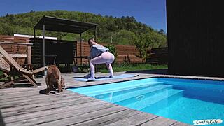 Neighbor spies my pool yoga then fucks tight pussy doggystyle