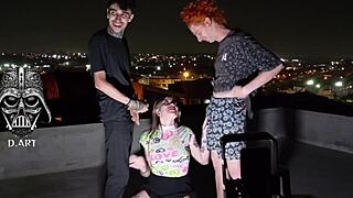 young brunette pierced goddess worships two monster cocks bareback on rooftop orgy