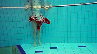 Hairy russian brunette teen swims underwater tight pussy pool beaver tease!