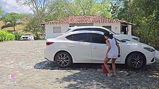 colombian athenea rose bends over big cock max betancur at public car wash doggystyle pounding