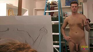 naked model fingers wet blonde artist before desk-top doggystyle cumshot