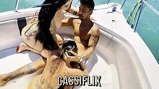 she strips nude at sea to fuck hung stud on boat cowgirl creampie