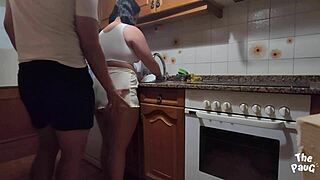 Latina teen's big ass in shorts drives wild kitchen quickie pounding