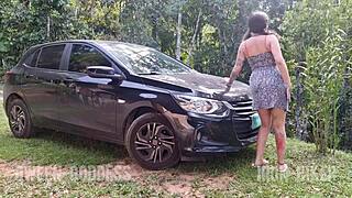 smoking slut gets fucked rough then deepthroats while pissing in the forest