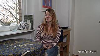 sexy german babe in heels fingers shaved pussy watching hot scene 😏