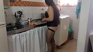 sexy latina maid in sheer corset stockings teases at bar now