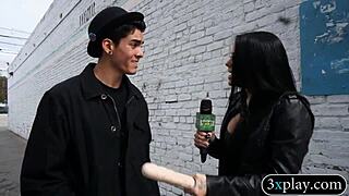 Blindfolded brunette babe rams dildo deep in cash fuck session