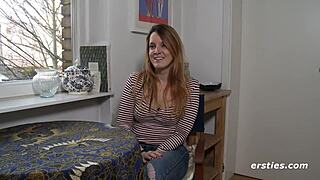 sexy german babe in heels fingers shaved pussy watching hot scene 😏